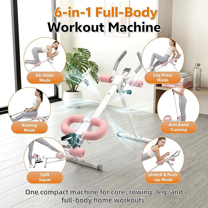 Multifunctional Ab Machine, 6-in-1 Ab Workout Equipment for Home Gym, Adjustable Core & Waist Trainer with 7 Height Levels & 2 Incline Angles, Rowing Mode, Knee Glider
