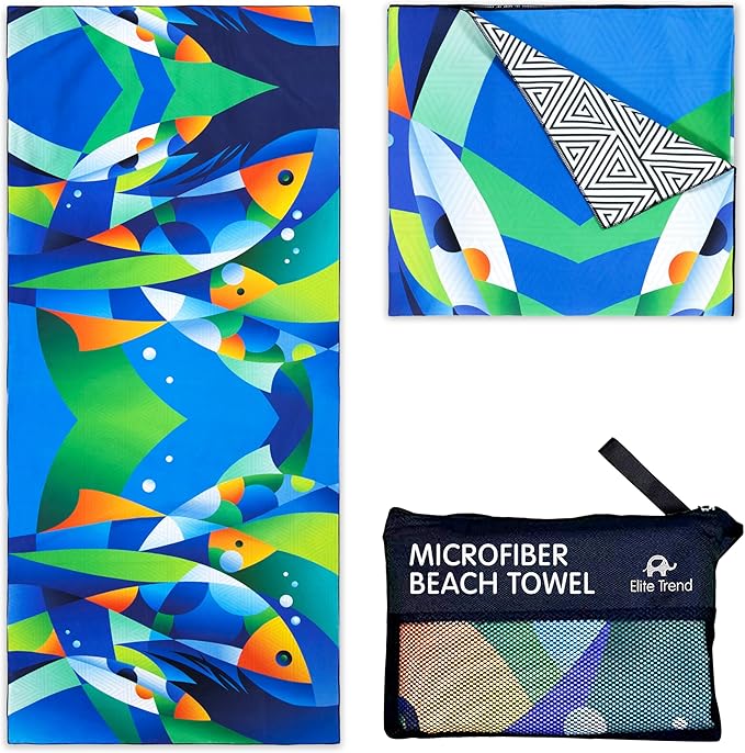 Elite Trend Quick Dry Towel Extra Large 78x35 Inch - Microfiber Beach Towel - Perfect for Beach, Travel, Swimming, Pool, Yoga, Hiking, Camping - Lightweight, Fast Drying, Compact for Adults (Fishes)