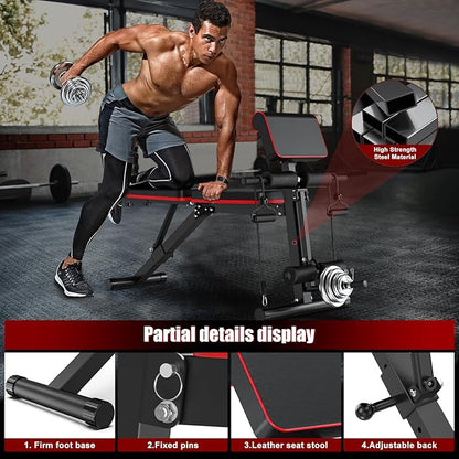 XDDIAS Adjustable Weight Bench, Workout Bench with Leg Extension and Preacher Curl Pad, Weight Bench for Home Gym, Foldable Exercise Bench, Quick Adjustment Incline Bench Press