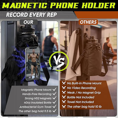 Magnetic Gym Bag & Magnetic Water Bottle Holder Set - 40oz Insulated Stainless Steel Bottle, Microfiber Towel, Cross Body Strap & Phone Holder Magnet - Gym Bag Essentials for Fitness, Work & Travel