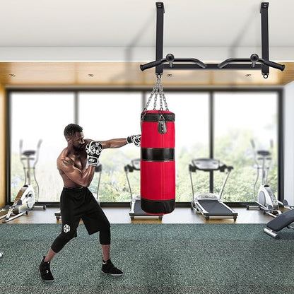 Kipika 32" Ceiling Mounted Pull Up Bar - Heavy Duty, Highly Adjustable, Multifunctional Chin Up Bar - Home Gym System with Punching Bag Hanger and Resistance Bands Training