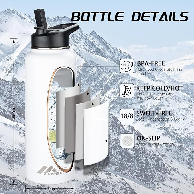 StarSpeed 40oz Insulated Water Bottle with Straws & 2 Lids, Stainless Steel Double Walled Vacuum Water Flask, Wide Mouth Sports Water Bottle for Gym Camping Hiking, White