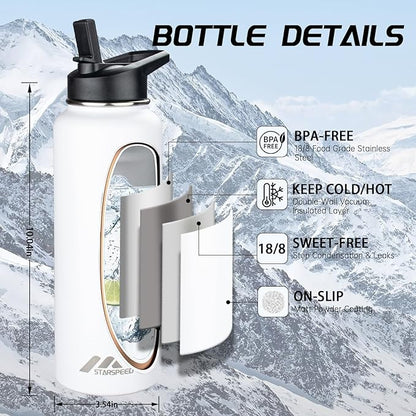StarSpeed 40oz Insulated Water Bottle with Straws & 2 Lids, Stainless Steel Double Walled Vacuum Water Flask, Wide Mouth Sports Water Bottle for Gym Camping Hiking, White