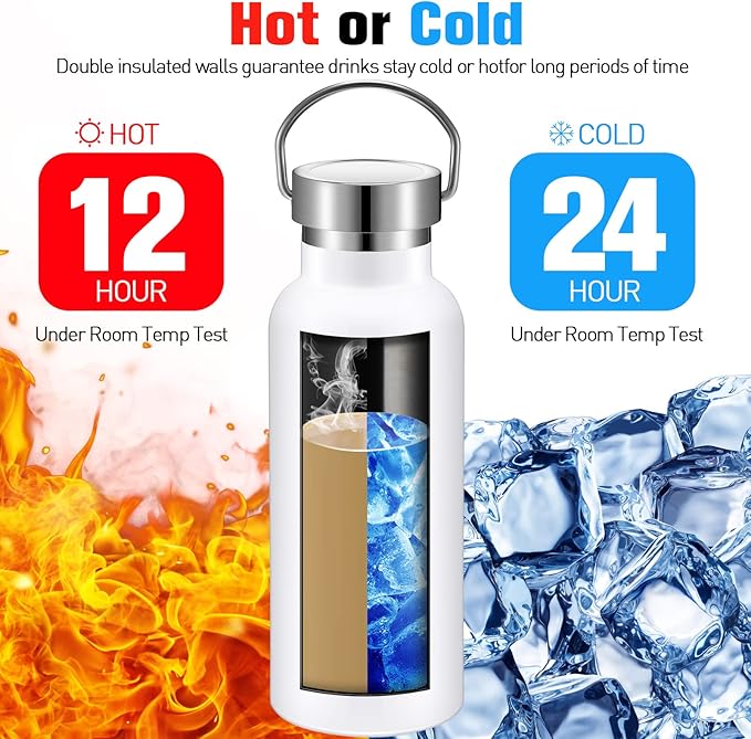 Cunhill 10 Pack Reusable Stainless Steel Water Bottle Bulk Double Wall Insulated Sports Water Bottle with Handle and Vacuum Seal Leakproof Lid for Sports Cyclists Hiking Gym Camping Gift(White,17 oz)