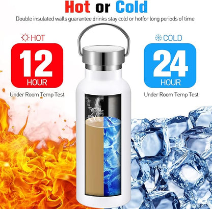 Cunhill 10 Pack Reusable Stainless Steel Water Bottle Bulk Double Wall Insulated Sports Water Bottle with Handle and Vacuum Seal Leakproof Lid for Sports Cyclists Hiking Gym Camping Gift(White,17 oz)