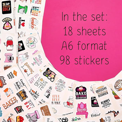 BulbaCraft 100Pcs Baking Stickers Funny, Bakery Stickers for Water Bottles - Baking Laptop Decals, Bakery Themed Party Decorations, Gifts for Women & Men