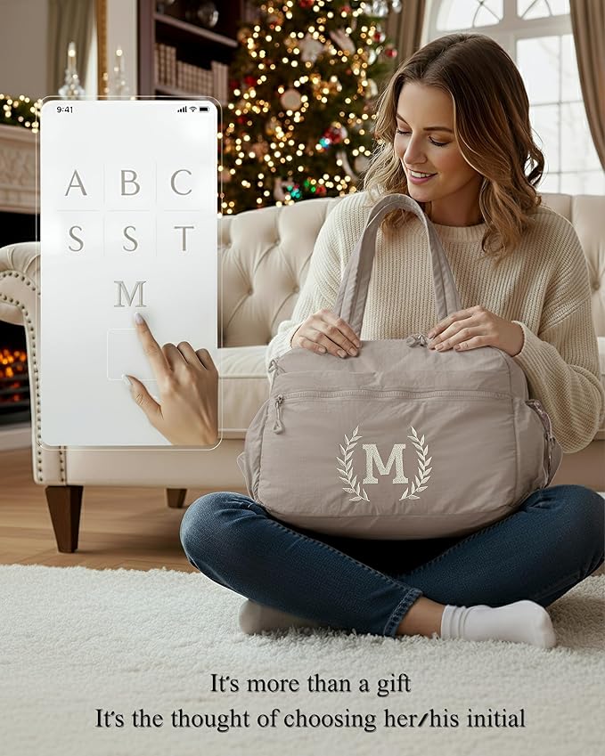 Gym Duffle Bag for Women – Embroidered Custom Initial Sports Bag for Men – Personalized Travel & Workout Duffel with Luggage Sleeve – Thoughtful Gift for Mom, Girl, Daughter, Mother (Camel, D)