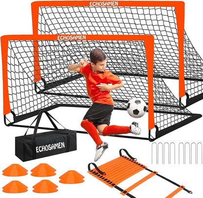 Kids Soccer Goals for Backyard, 2 of 6 x 4 ft Kids Soccer Goal Set Soccer Net with 10 Soccer Cones, Agility Ladder & Carry Bag, Portable Soccer Training Equipment.
