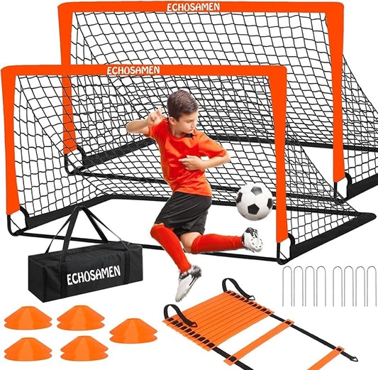 Kids Soccer Goals for Backyard, 2 of 6 x 4 ft Kids Soccer Goal Set Soccer Net with 10 Soccer Cones, Agility Ladder & Carry Bag, Portable Soccer Training Equipment.