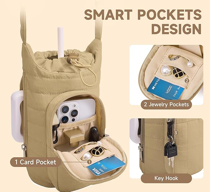 WOOMADA Water Bottle Holder Bag with Strap, 40/32 oz Crossbody Bag Gym Accessories, Sling Purses for Women(Khaki)