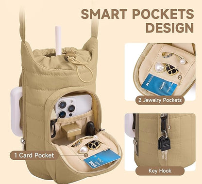 WOOMADA Water Bottle Holder Bag with Strap, 40/32 oz Crossbody Bag Gym Accessories, Sling Purses for Women(Khaki)