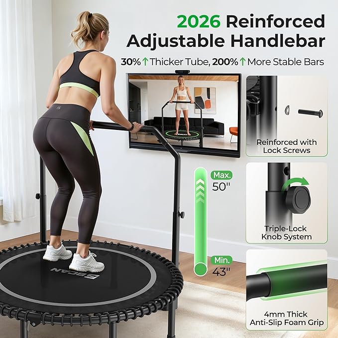 BCAN BT2 450/550LBS Mini Rebounder Trampoline for Adults with Bar, Fitness Trampoline with Bungees, Adjustable Handle, Stable & Quiet, Indoor Outdoor, Whole-Body Workout & Relaxation at Home-40IN/48IN