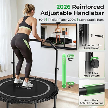 BCAN BT2 450/550LBS Mini Rebounder Trampoline for Adults with Bar, Fitness Trampoline with Bungees, Adjustable Handle, Stable & Quiet, Indoor Outdoor, Whole-Body Workout & Relaxation at Home-40IN/48IN