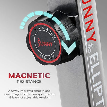 Sunny Health & Fitness Elliptical Exercise Machine, Silent Training, Long Stride Full Body Workout, Adjustable Resistance, Pulse Sensor, SunnyFit App via Bluetooth, Electric or Manual