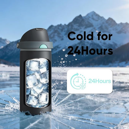 Insulated Water Bottle with Straw - Encool Stainless Steel Water Bottle with Push Button Lid, Leak-Proof & BPA-Free, Keeps Cold for 24 Hours for Sports, Travel, Gym (18 oz, Tuna Grey-Green)