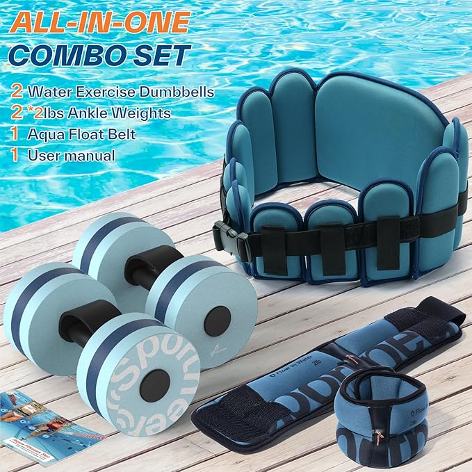 Sportneer Aquatic Exercise Equipment Water Aerobics Combo Set Includes High Density Water Weights Dumbbell Aqua Belt Water Ankle Weights for Pool Exercise Aquatic Therapy Pool Fitness Water Exercise