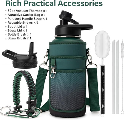 Insulated Water Bottle | Thickened Stainless Steel Vacuum Metal | Portable Sports Water Jug for Gym and Hiking with Straw, Carrier Bag, Handle Strap | BPA-Free 32 oz