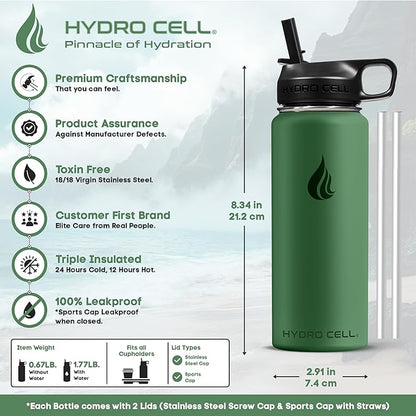 HYDRO CELL Stainless Steel Insulated Water Bottle with Straw - For Cold & Hot Drinks - Metal Vacuum Flask with Screw Cap and Modern Leakproof Sport Thermos for Adults (Forrest 18oz)