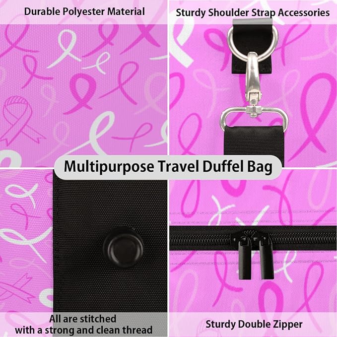 Travel Duffel Bag Breast Cancer Awareness Ribbon Sport Tote Gym Bag Waterproof Foldable Carryon Weekend Overnight Training Handbag Sports Duffle Bags for Women Men Boys Girls