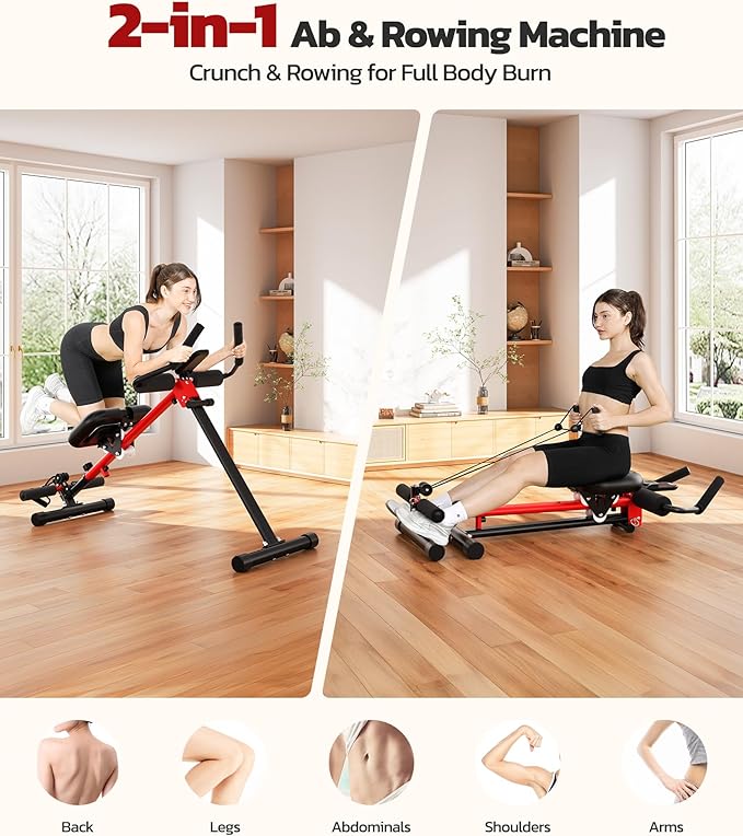 Yoleo 2 in 1 Ab & Rowing Machines for Home, Foldable Ab Workout Equipment, Ab Trainer Machine for Stomach Workout, Ab Crunch Machine with Foam Support,7-Length Adjustable Ab Machine for Home Exercise