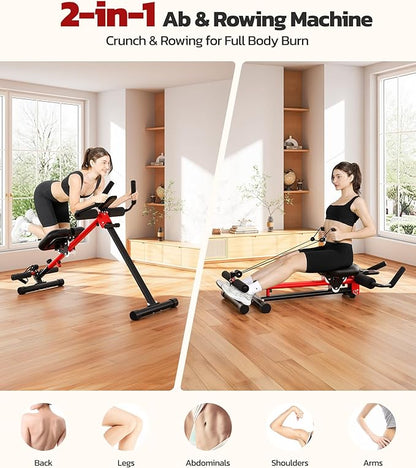 Yoleo 2 in 1 Ab & Rowing Machines for Home, Foldable Ab Workout Equipment, Ab Trainer Machine for Stomach Workout, Ab Crunch Machine with Foam Support,7-Length Adjustable Ab Machine for Home Exercise