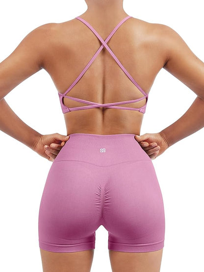 SUUKSESS Women Seamless Workout Sets Strappy Sports Bra High Waist Booty Shorts Outfits