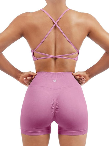 SUUKSESS Women Seamless Workout Sets Strappy Sports Bra High Waist Booty Shorts Outfits