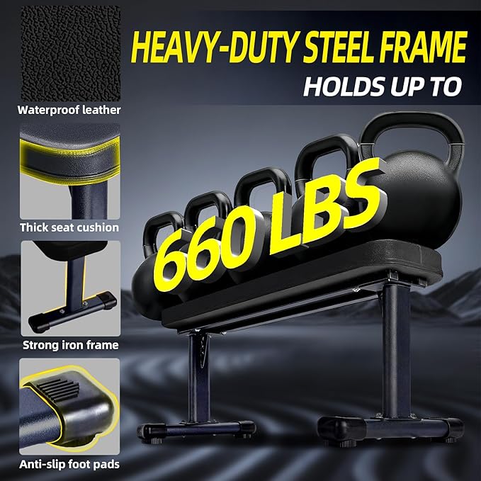 Flat Weight Bench, 2.4 Inch Thick Pad Workout Bench 660 LBS Bench Press Exercise Equipment for Home Gym Strength Weight Training
