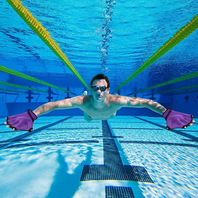 Sumind 2 Pairs Swimming Gloves Aquatic Training Gloves Neoprene Mittens Webbed Fitness Water Aerobics Resistance Training for Women Men Swimming Diving(Medium,Purple, Gray)