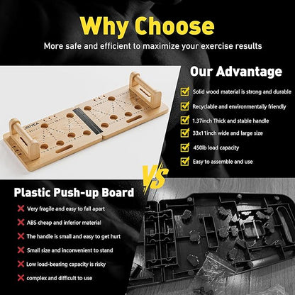 Push Up Board 30 in 1 Foldable with Resistance Bands - Thickened Pine Wood Multi-Push Up Board for Men & Women, Portable Gym/Home Workout Gear for Chest, Shoulders, Arms & Back