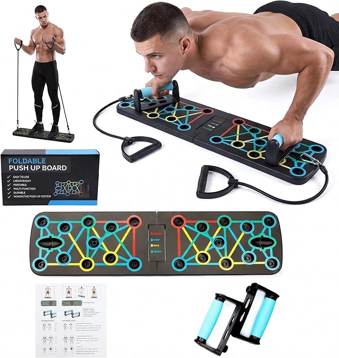 Foldable Push Up Board, 25-in-1 Home Workout Equipment with Non-Slip Handles, Color-Coded Guide & Jump Rope Included – Portable Strength Training System for Chest, Arms, Back, Core, Professional Fitness Gear Deluxe Set for Men & Women