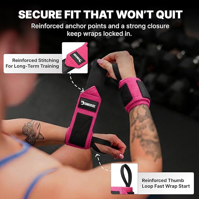 DMoose Fitness Wrist Wraps for Weightlifting 18" - Heavy Duty Gym Wrap with Hand Thumb Loop for Support & Pain Relief, USPA Approved Powerlifting, Weight Lifting Wrist Straps for Men & Women Work Out