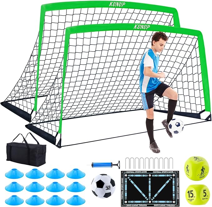 2 Set Kids Soccer Goals for Backyard with Training Equipment, Portable Foldable Practice Nets with Ball, Dice & Mat, Cones, Air Pump and Carry Bag for Toddler Youth Outdoor Sports Game