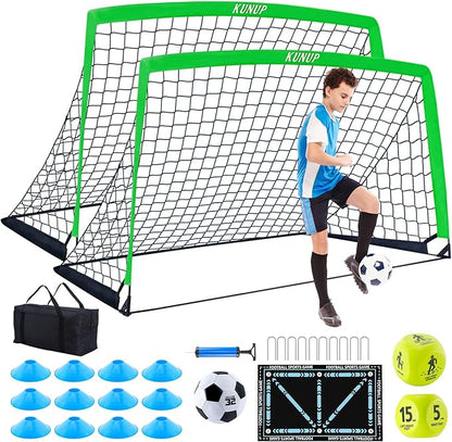 2 Set Kids Soccer Goals for Backyard with Training Equipment, Portable Foldable Practice Nets with Ball, Dice & Mat, Cones, Air Pump and Carry Bag for Toddler Youth Outdoor Sports Game