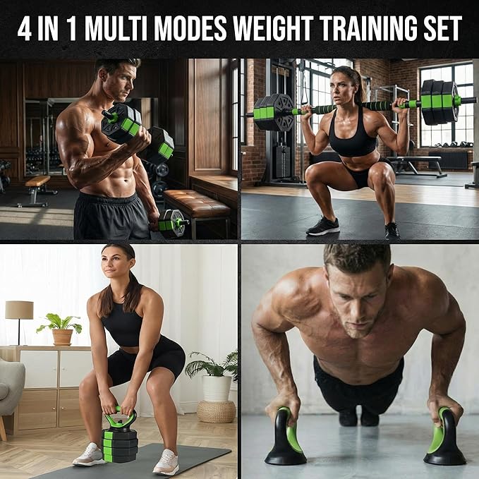 Adjustable Weight Set 44/88Lbs, 4-in-1 Dumbbell Set and Barbell Weight Set for Home Gym, Converts to Kettlebell & Push-Up Stand, Free Weights Dumbbells Set for Men & Women Full Body Workout