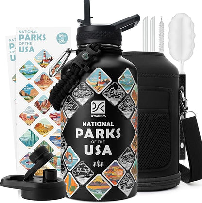 National Parks Water Bottle – 64 oz Insulated Stainless Steel Bottle with 63 Hand-Drawn Park Stickers, Carrier Bag, Strap & Gift Box – BPA-Free – Ideal for Hiking, Camping & Travel
