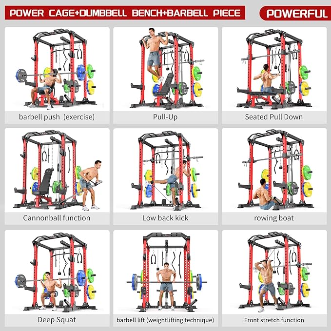 Power Rack Power Cage Multi-Function Squat Rack with Cable Crossover System Selectable More Training Attachment Power Rack for Garage & Home Gym