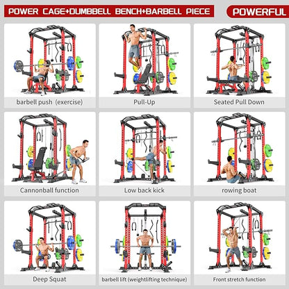 Power Rack Power Cage Multi-Function Squat Rack with Cable Crossover System Selectable More Training Attachment Power Rack for Garage & Home Gym