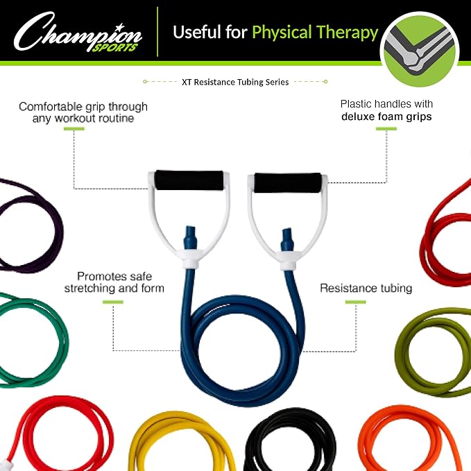 Champion Sports Resistance Tube Bands for Men and Women, 10 lbs - 100 lbs Resistance - Durable Stretch Fitness Band for Strength Training, Stretching, Rehabilitation - Premium Home Workout Equipment
