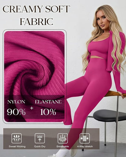 Women 3 Piece Seamless Workout Set Sports Bra High Waisted Gym Yoga Leggings Zip Up Jacket with Thumbhole Activewear