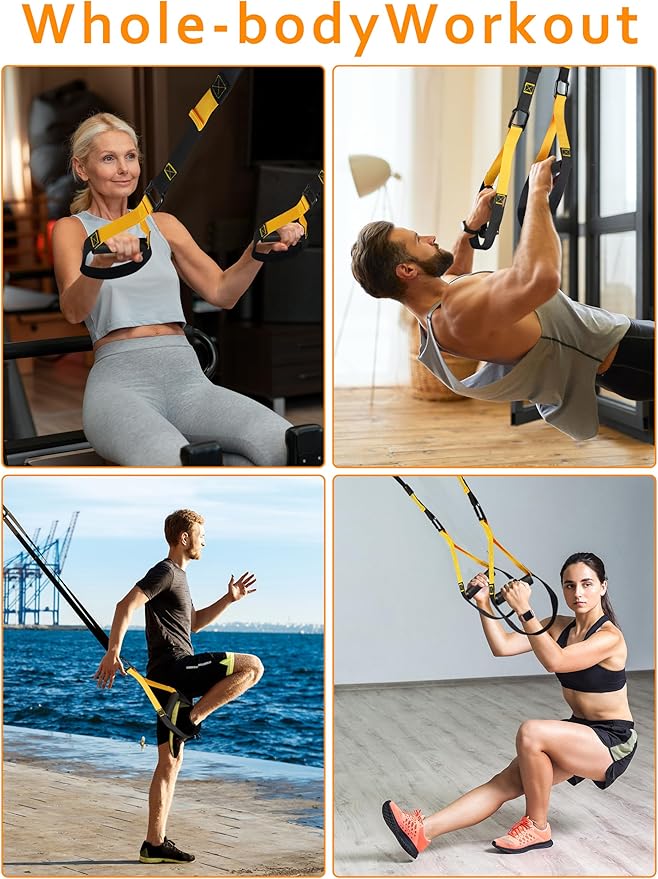 Home Resistance Training Kit, Suspension Trainer Exercise Straps with Handles for Full-Body Workout with 5 Resistance Bands, 1 Carrying Bag and 1 Door Anchor for Home Gym Equipment or Outdoor Workouts