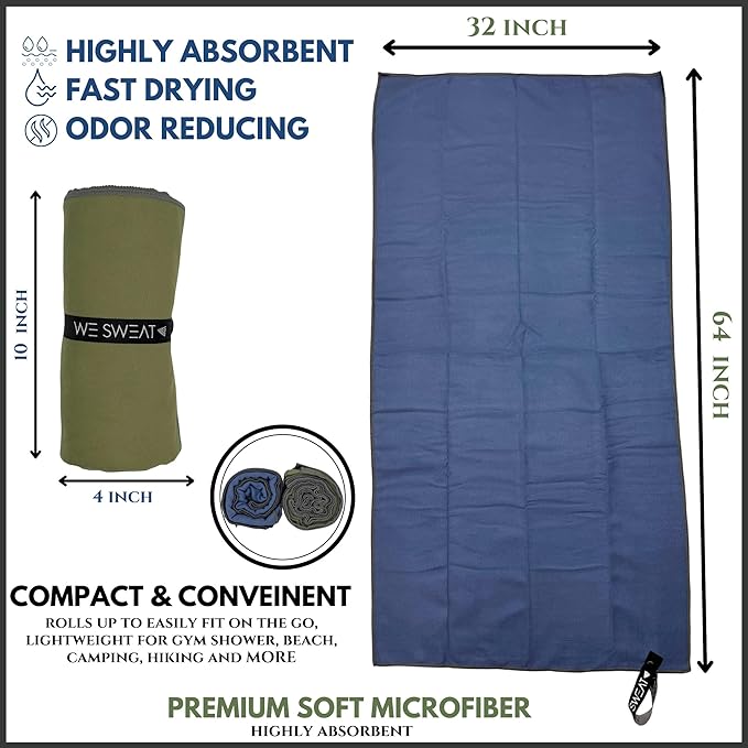 We Sweat's (2 Pack) Microfiber Towels Perfect for Travel, Gym Shower & Camping. Ultra Compact - Lightweight Shower Towel - Soft and Absorbent Silver Ion Odor-Free Absorbent Fiber - Quick Dry Towel