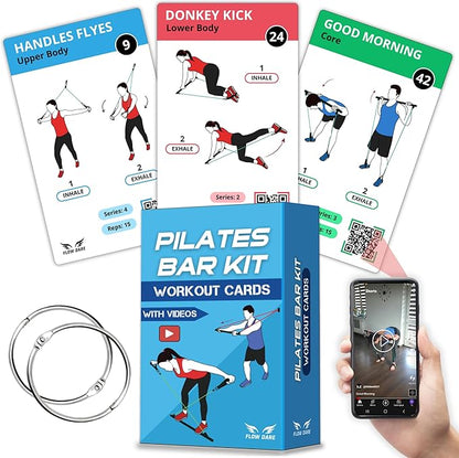 Pilates Bar Kit Workout Cards – 62 Exercise Cards Deck with Videos & Workout Plan - Includes 8-Week Challenge, Chart & 2 Rings for Easy Organization - Home Exercise Bar Guide for Women & Men