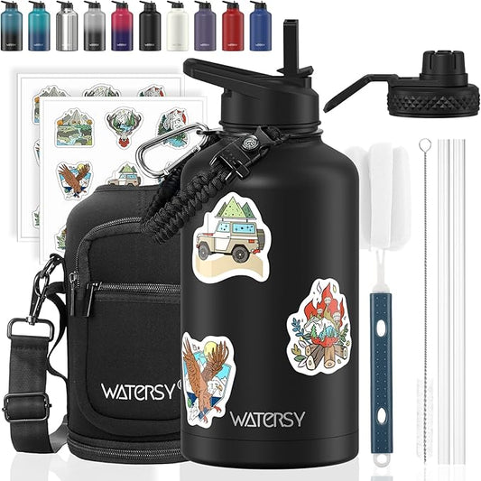 64oz Insulated Water Bottle (Cold for 48 Hrs),BPA Free&Leak Proof,Half Gallon Stainless Steel Water Flask,Water Jug with Straw Spout Lids for Gym,Hiking,Camping,Black