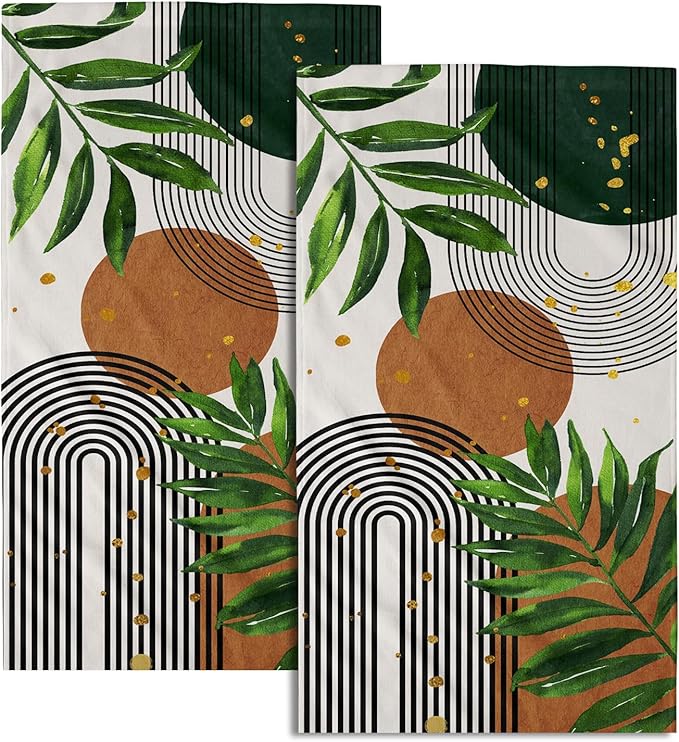 Boho Leaves Hand Towels Mid Century Kitchen Towels 2 Pack Bohemian Fingertip Towel Vintage Leaf Decorative Ultra Absorbent Microfiber Fingertip Towel for Kitchen Bathroom Face Towel