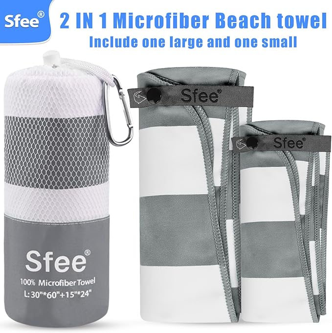Sfee 2 in 1 Microfiber Beach Towel, Quick Dry Towel Camping Towel Travel Towel Super Absorbent Compact Lightweight Sports Gym Towels Set for Beach, Gym, Hiking, Pool, Backpacking, Bath, Yoga