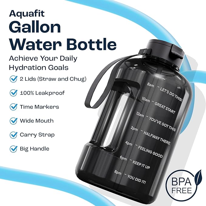 AQUAFIT 128 oz Water Bottle with Time Marker - Straw & Chug Lid - BPA Free 1 Gallon Gym Water Bottle with Handle - Big Gallon Jug (Midnight Gray, 128 Ounces)