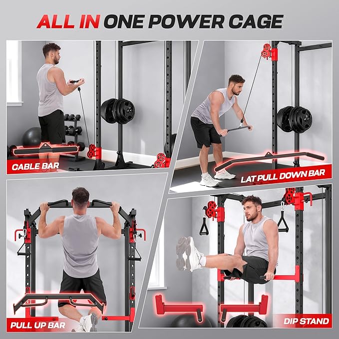 Power Cage with Dual Cable Crossover System, 2000LBS Heavy Duty Squat Rack with Independent Pulleys for Full Body Workout, All-in-One Home Gym Equipment,Compact 13.26 Sq Ft for Garage & Basement
