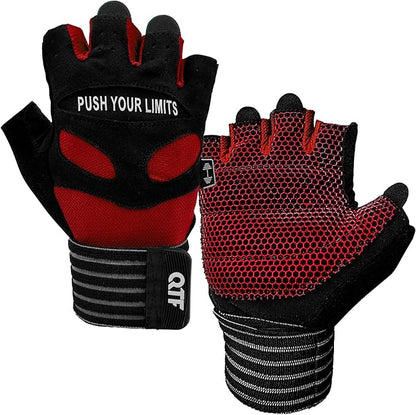 QTF Weight Lifting Gym Workout Gloves with Long Wrist Strap, Fingerless Gym Gloves for Men & Women, Full Palm Protection, for Weightlifting, Training, Fitness, Hanging