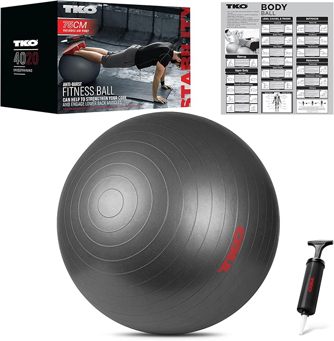 TKO Balance Ball Stability Ball for Workout - Anti Burst Large Exercise Ball Chair with Air Pump - Yoga Ball for Pregnancy, Fitness, Physical Therapy & More - Birthing Pilates Ball - 2 Sizes (Gray)